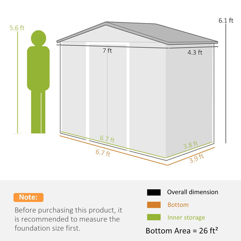 Diagram of 7x4 Outdoor Metal Storage Shed dimensions, showing height, width, and foundation area for backyard use.