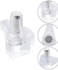 Clear Shelf Pins Kit With Metal Pins For Cabinets And Wood Shelves Low Profile Transparent Plastic Brackets close-up view.
