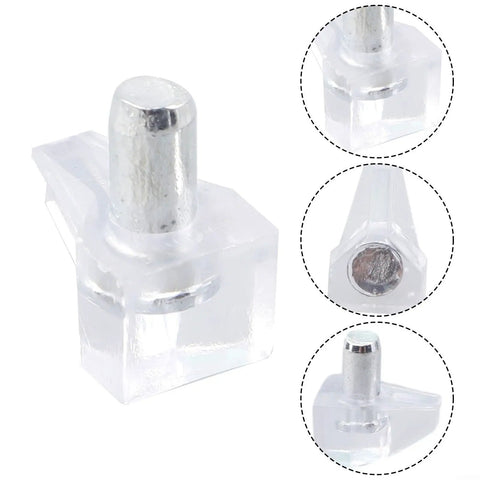 Clear Shelf Pins Kit With Metal Pins For Cabinets And Wood Shelves Low Profile Transparent Plastic Brackets close-up view.