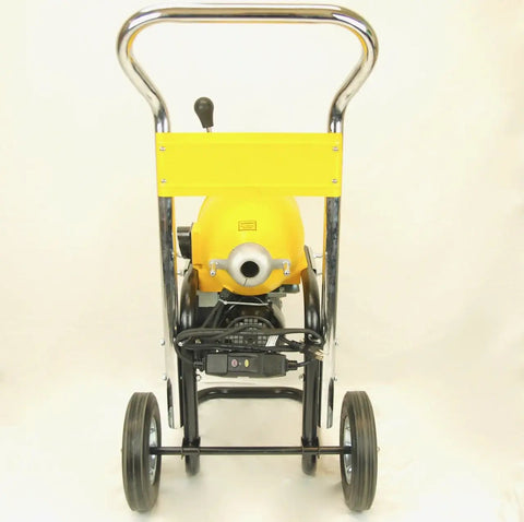 Workhorse 1.5 HP Sectional Pipe Drain Cleaner and Sewer Snake Machine, 120 Foot Cable bundle with 6 Piece cutter set for 2 to 8 Inch Pipes, 110V Beast Mode Drain Auger with Forward Reverse Control, rear view with yellow motor.