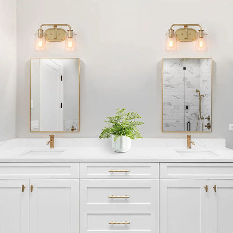 Soft Gold 4 Light Vanity Fixture With Seeded Glass Shade 31 Inch Modern Chic Bathroom Lighting Bar Gold Finish above mirrors