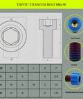 Technical diagram and images of M6x18 Titanium Bolts Four Pack, Aerospace Grade Titanium For Ultra Lightweight Strength.