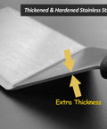 Close-up of a Heavy Duty Cast Iron Skillet Spatula With Full Tang Silicone Handle showing the thickened stainless steel blade.