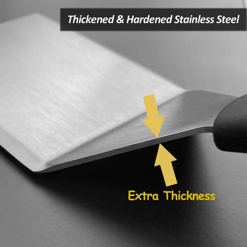 Close-up of a Heavy Duty Cast Iron Skillet Spatula With Full Tang Silicone Handle showing the thickened stainless steel blade.