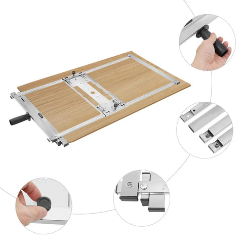 7 Inch Circular Saw Edge Guide With Dual Scale Level For Smooth Woodworking Cuts And Adjustable 0 To 29.5 Inch Cutting Range Precision Rail Tool shown with wooden base and adjustable components.