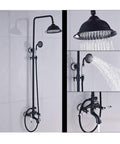 UMJIGF Shower System with Hot and Cold Water Shower Combo Set Multifunction Double Handles Shower Faucet Set with Shower Head, Handheld Shower, Waterfall Tub Spout, Black Bronze mounted on tiled wall with various water outlet views.