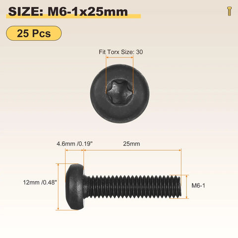 Top Tier M6 Pan Head Torx Security Screws 25 Pack Black Carbon Steel Hardware For Furniture Assembly And DIY Projects 25mm size