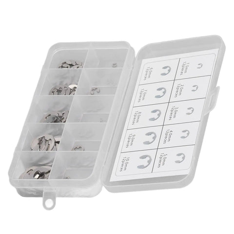 120 Piece E Clip Circlip Retaining Ring Set in 304 Stainless Steel with Storage Box M1.5 to M10 Bearing Retainer Rings