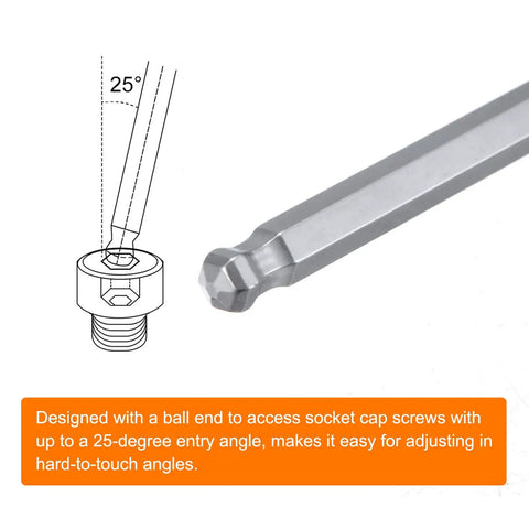 Two Piece Magnetic Ball End Hex Screwdrivers Set 5mm Hex 120mm Rod 9 Inch Total Length S2 Steel Chrome Plated detail at 25-degree angle.