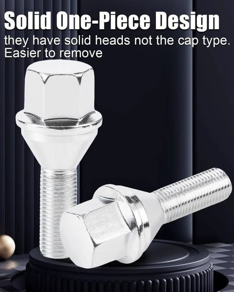Rock Solid M12 X 1.25 Oem Wheel Lug Bolts Featuring 28Mm Shanks And Tapered Cone Seats, Three Quarter Inch Hex, 20 Piece Set for Jeep Cherokee, close-up view.