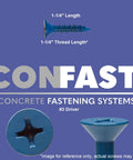 One Quarter Inch By One And One Quarter Inch Blue Flat Phillips Concrete Screw Anchor With Drill Bit For Masonry Block Or Brick Self Tapping Diamond Point And Quick Drive Design 100 Per Box CONFAST shown in close-up with thread details.