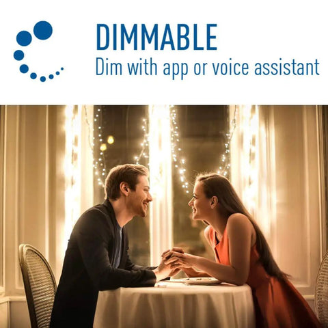 Couple dining with Smart A21 LED Bulb 100W Equivalent Tunable White To Color Changing Works With Alexa And Google Home lighting