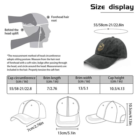 Size chart and design of Low Profile Lightweight Mens Golf Hat With Breathable Vent Eyelets And Sweatband For All Day Comfort