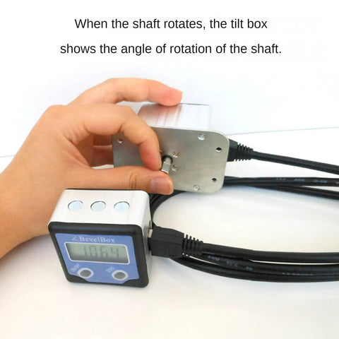 Top Tier Digital Angle Gauge With Slick Rotating Shaft And Bullseye Zero Point One Degree Resolution featuring a hand adjusting the shaft angle.