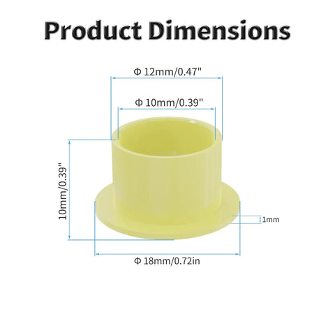 Four Pack Yellow Pom Flanged Sleeve Bearings 10 Mm Inner 12 Mm Outer Oilless Bushings dimensions in mm with detailed measurements