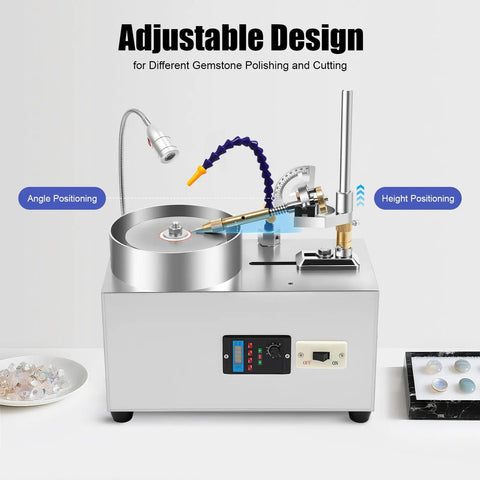 Gem Faceting Machine 180W 110V Gemstone Grinding Jewelry Lapidary Cutter Polisher shown with adjustable design features.