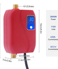 3000W Electric Mini Tank Water Heater Under Sink Real Quick Hot Water Solution For RV Camper Kitchen Easy Wall Or Floor Mount Setup Digital Temp Control 68 To 122F Sweet Spot For Point Of Use Needs showing red unit dimensions and digital display.