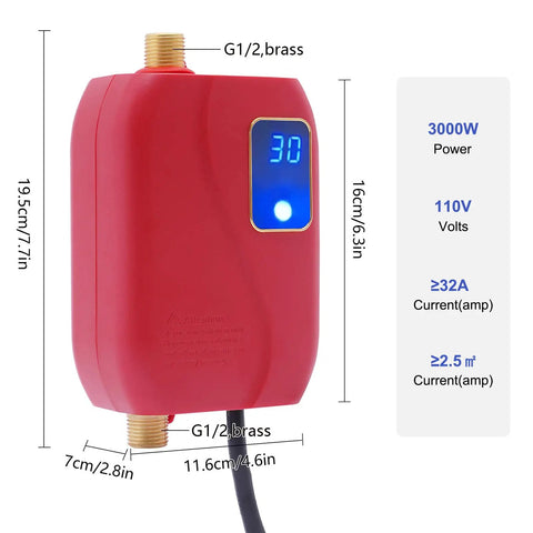 3000W Electric Mini Tank Water Heater Under Sink Real Quick Hot Water Solution For RV Camper Kitchen Easy Wall Or Floor Mount Setup Digital Temp Control 68 To 122F Sweet Spot For Point Of Use Needs showing red unit dimensions and digital display.