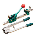 Heavy-Duty Manual PP Strapping Machine With 5-Plate Cast Steel Sealing Jaw And Tensioner, green and silver industrial tool for banding.