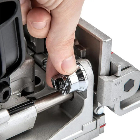 Adjusting depth knob on Plate Joiner For Quick, Precise Biscuit Joinery With Five Point Six Amp Motor And Eleven Thousand RPM.