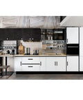Modern kitchen with black and white cabinets featuring 10 Pack Self Stick Push Pull Helper ABS Plastic Wardrobe Handles For Cabinets And Drawers.