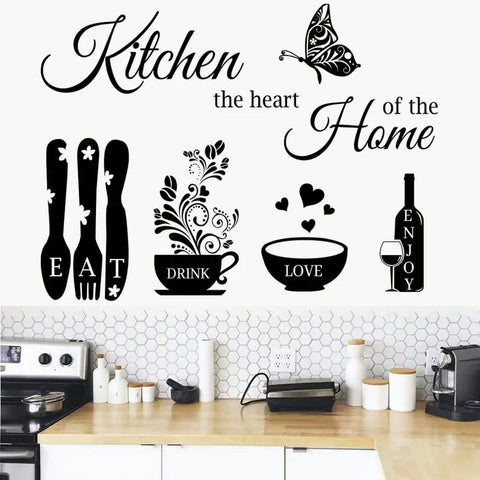 Eat Drink Love Vinyl Wall Decals Set With Heart Of The Home Quote for Kitchen and Living Room Decor