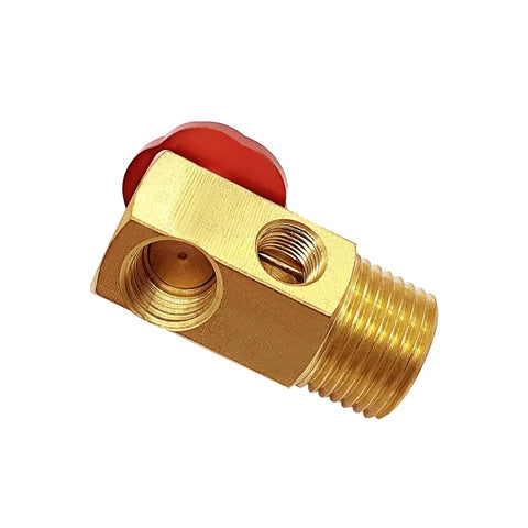 Badass Brass Air Tank Manifold Featuring One Half Inch Mnpt Fill Port And Quarter Inch Fnpt Hose Adapters showing brass valve with red knob.