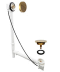 Top Shelf Smooth Operation Heavy Duty Cable Drive Bathtub Drain Trim Kit With 27 Inch Pull Chain Rotary Overflow Knob And Pop Up Stopper Plus Polished Brass Poly Tubular Pipe And Hardware Set including polished brass components.
