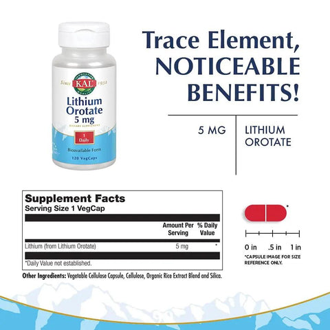 Lithium Orotate Mood Support Supplement With 120 Vcaps For Calm Vibes And Mood Stability, bottle and supplement facts