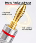 Pro Grade 24K Gold Plated Banana Plugs For 4MM Speaker Wire Connectors showing gold-plated copper tip and aluminum body.