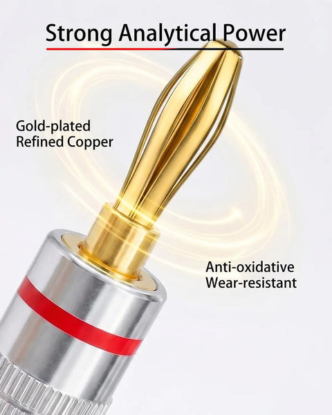 Pro Grade 24K Gold Plated Banana Plugs For 4MM Speaker Wire Connectors showing gold-plated copper tip and aluminum body.