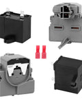 Two Piece Fridge Start Kit With PTC Relay And 12uF 250V Run Capacitor For Kenmore And Maytag Fridges, various components displayed