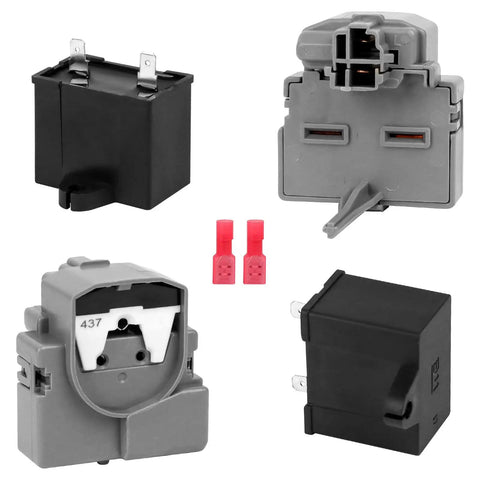 Two Piece Fridge Start Kit With PTC Relay And 12uF 250V Run Capacitor For Kenmore And Maytag Fridges, various components displayed