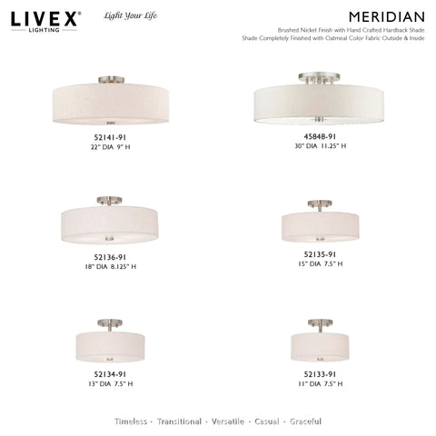 Meridian 3 Light Ceiling Mount Fixture In Brushed Nickel With Oatmeal Fabric Drum Shade Semi Flush Mount Lighting For Living Room Hallway Or Dining Area Stylish Steel Frame Modern Classic Home Decor product line image showing various sizes.