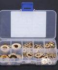Pro-Grade Brass Flat Washer Set 360-Piece Assortment For Mechanical Maintenance M2 To M10 Sizes in plastic organizer case