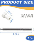 Top Shelf Aluminum Window Screen Plunger Latches With Secure Caps, Dead Simple Pin Fasteners For Zero Hassle Replacement And Pro Level Dependability For Any Home Repair Project, Twelve Pack In Clean White components showing size and material details.