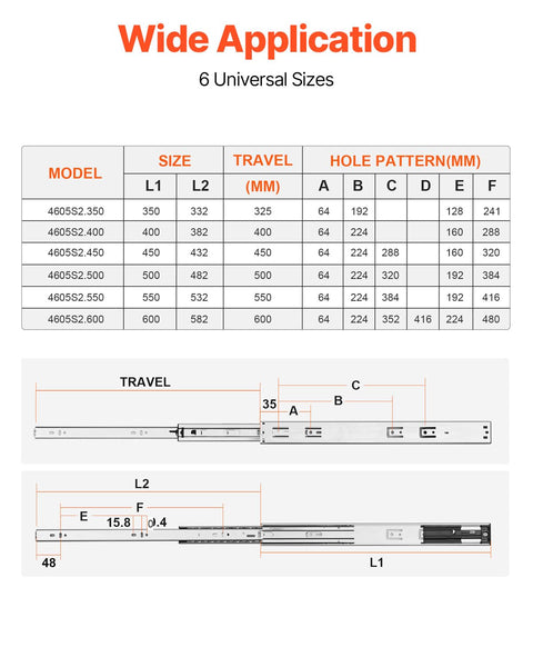 Beefy Heavy Duty Soft Close Drawer Slides Set For Cabinets, 10 Pairs 18 Inch Ball Bearing Full Extension Side Mount Rails, diagram view
