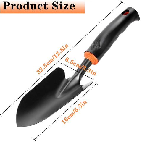 Heavy Duty Garden Trowel With Ergonomic Non Slip Grip Rust Resistant Finish for planting, 12.8in size shown with measurements
