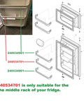 Diagram showing installation of Refrigerator Door Bar Rack for Frigidaire and Kenmore, Door Shelf Rail Replacement 240534701 Fits Middle Rack.