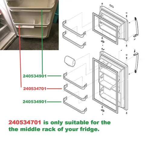 Diagram showing installation of Refrigerator Door Bar Rack for Frigidaire and Kenmore, Door Shelf Rail Replacement 240534701 Fits Middle Rack.
