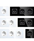 Modern EU Standard Glass Wall Socket With Triple Power Outlets And Heavy Duty 16A Rating, featuring white and black panels.