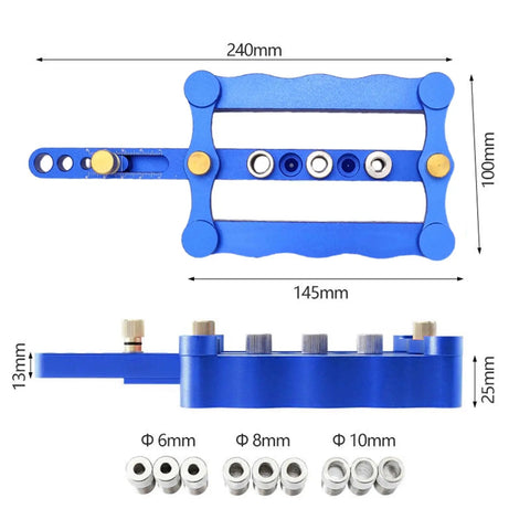 Dead Nuts Precise Aluminum Dowel Jig Kit with self centering drill guides, showing adjustable size and included bushings.