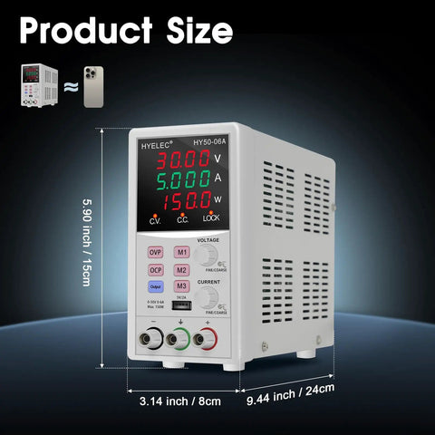 Variable DC Power Supply Pro Grade 0 To 50V 0 To 6A 150W Switching Regulated Benchtop Power Supply With Memory, dimensions shown