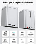Dual Bay Raid Enclosure Packing Lightning Fast Ten Gigabit Speed To Crush Up To Fifty Six Terabytes On Two Point Five Or Three Point Five Drives Plus Nvme Slot And Sd Tf Reader Docking Station showing ports and features.