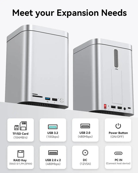 Dual Bay Raid Enclosure Packing Lightning Fast Ten Gigabit Speed To Crush Up To Fifty Six Terabytes On Two Point Five Or Three Point Five Drives Plus Nvme Slot And Sd Tf Reader Docking Station showing ports and features.