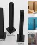 Black steel posts for glass railing kit: corner, middle, and end posts designed for wide decks and covered patios.
