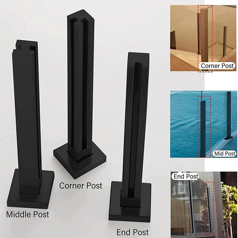 Black steel posts for glass railing kit: corner, middle, and end posts designed for wide decks and covered patios.