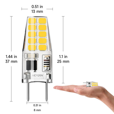 Close-up of 12 Pack G8 LED Bulbs Dimmable 120V T4 20W Warm White 3000K, size comparison with hand, under cabinet lighting