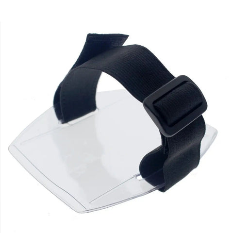 Premium Solid Durable Armband Badge Holder With Hella Secure Stretchy Strap And Easy Hook Loop Fastener For Work Credentials Cards And Passes One Size Fits, shown with black strap and clear sleeve.