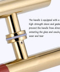 Close-up of Dope Gate Hardware Glass Door Handle in titanium gold with wood grain finish, showing durable grip and gasket detail.
